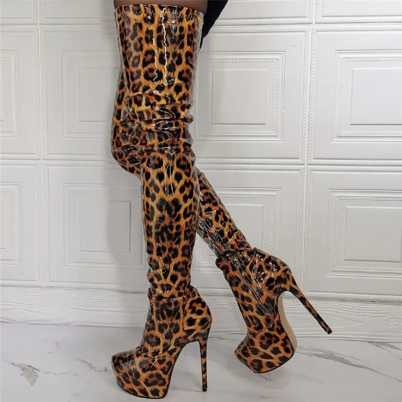 Patent Leopard Print Thigh High Platform Stiletto Boots