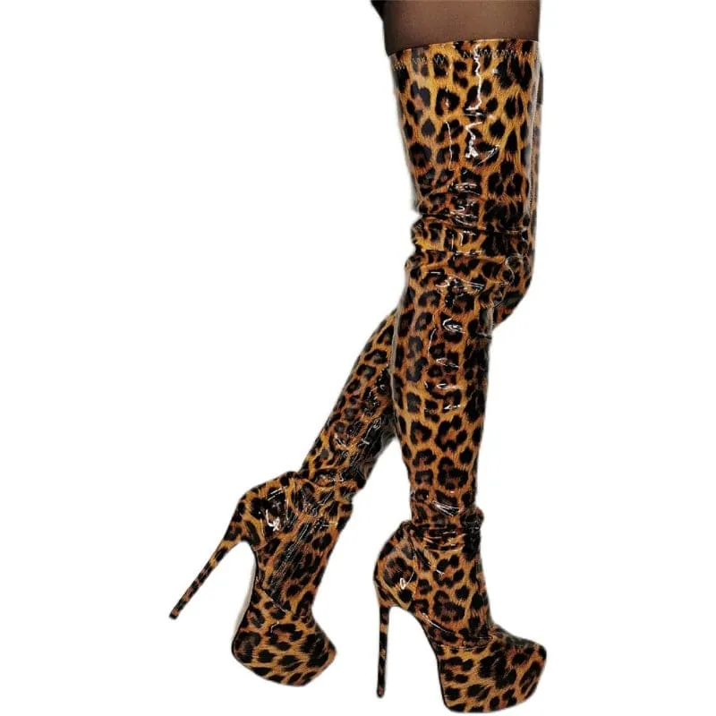 Patent Leopard Print Thigh High Platform Stiletto Boots