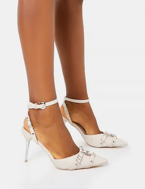 Prowl Cream Pu Strappy Metal Detailed Slingback Wrap Around the Ankle Pointed Court Stiletto Heels