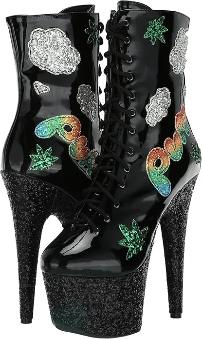 Puff-709 Sequined Screen Marijuana Printed Ankle Boots