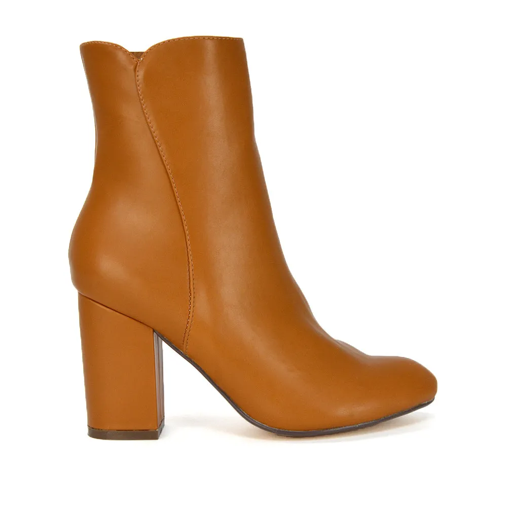 Rayla Pointed Toe Zip-Up Mid Block High Heel Ankle Boots in Tan Synthetic Leather