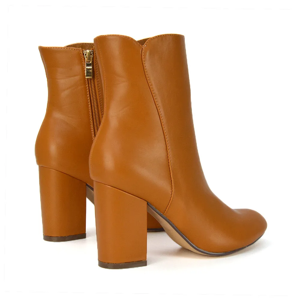 Rayla Pointed Toe Zip-Up Mid Block High Heel Ankle Boots in Tan Synthetic Leather