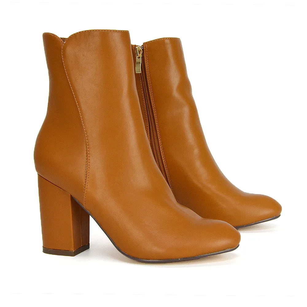 Rayla Pointed Toe Zip-Up Mid Block High Heel Ankle Boots in Tan Synthetic Leather