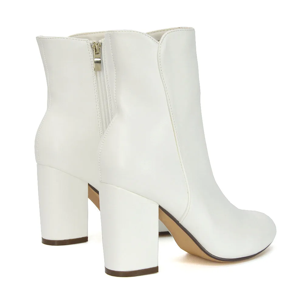 Rayla Pointed Toe Zip-Up Mid Block High Heel Ankle Boots in Tan Synthetic Leather