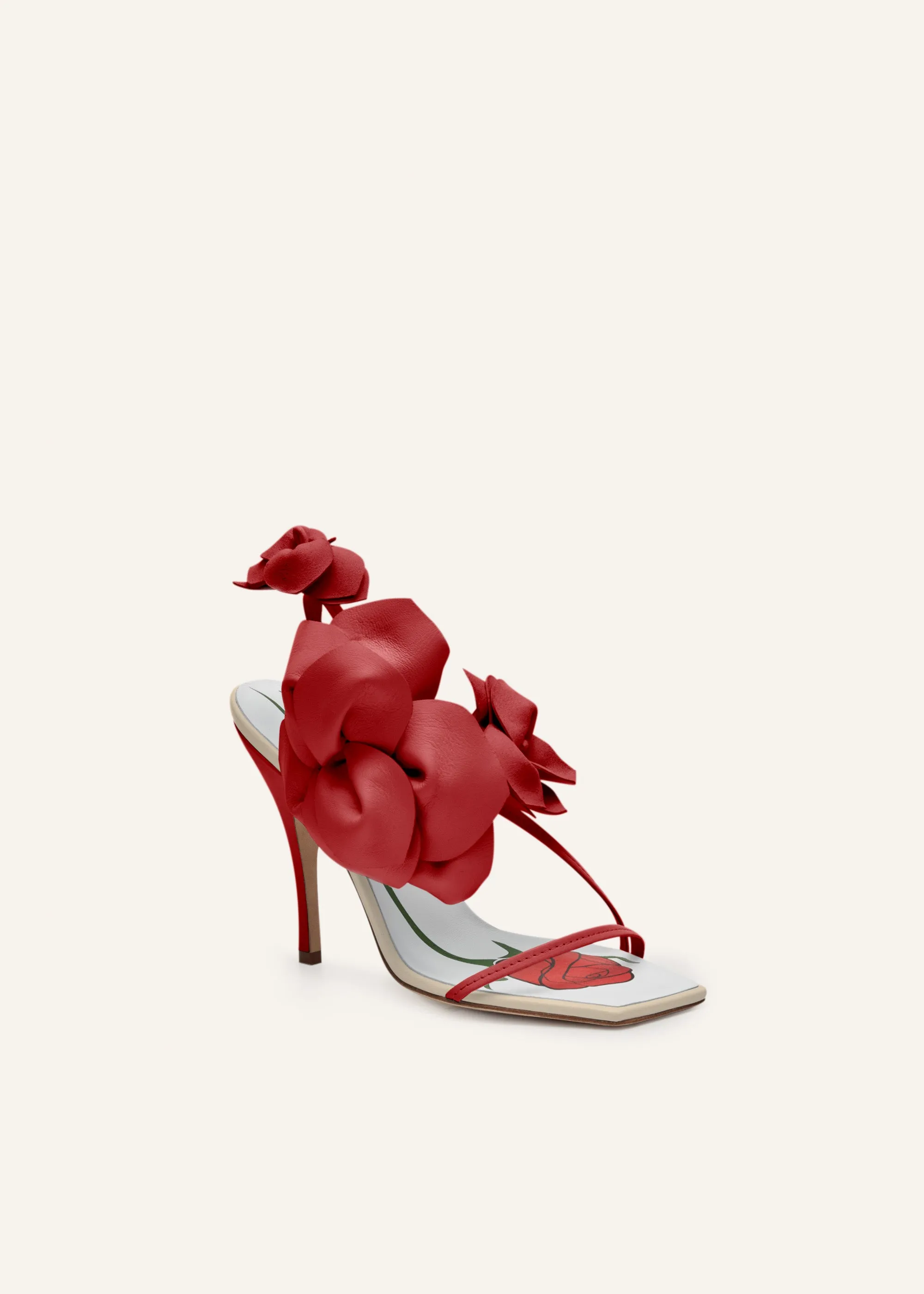 Rose appliqué leather sandals in cream and red