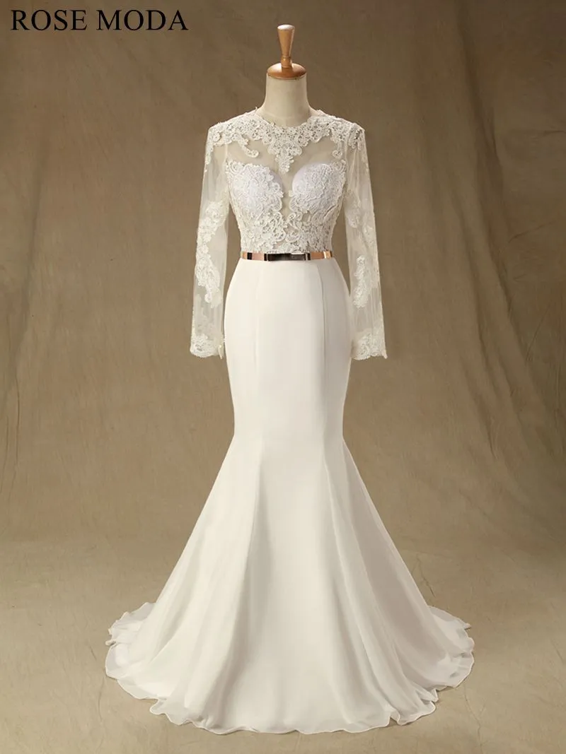 Rosemoda Long Sleeve Chiffon Mermaid Wedding Dress With Cut out Back