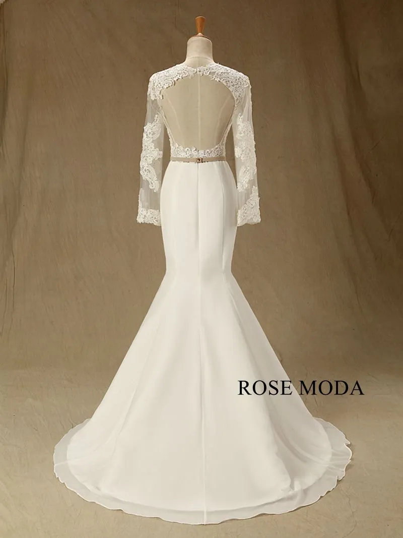 Rosemoda Long Sleeve Chiffon Mermaid Wedding Dress With Cut out Back