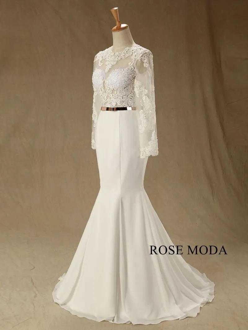 Rosemoda Long Sleeve Chiffon Mermaid Wedding Dress With Cut out Back