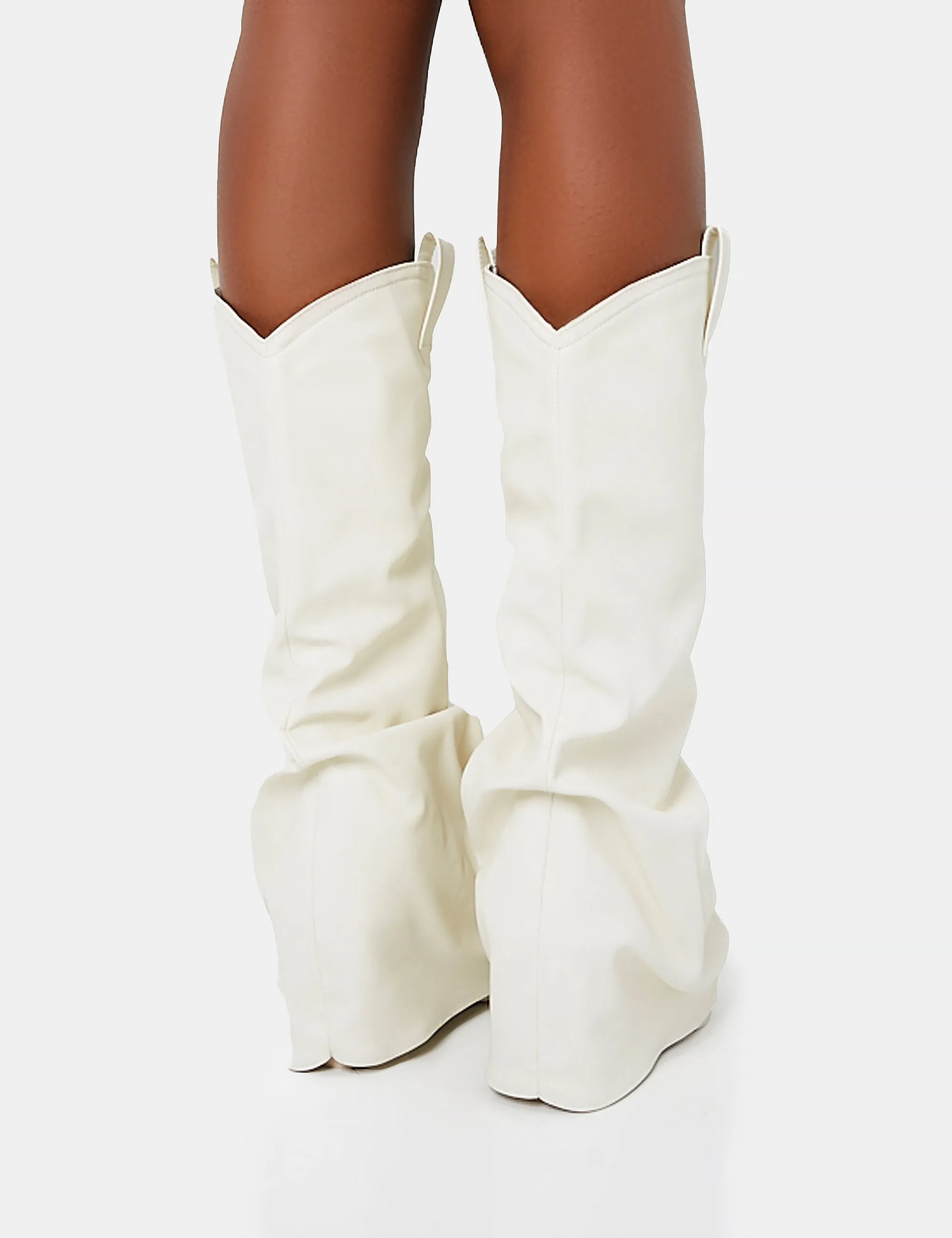 Sheriff White Pu Western Inspired Fold Over Pointed Toe Block Heeled Cowboy Knee High Boots