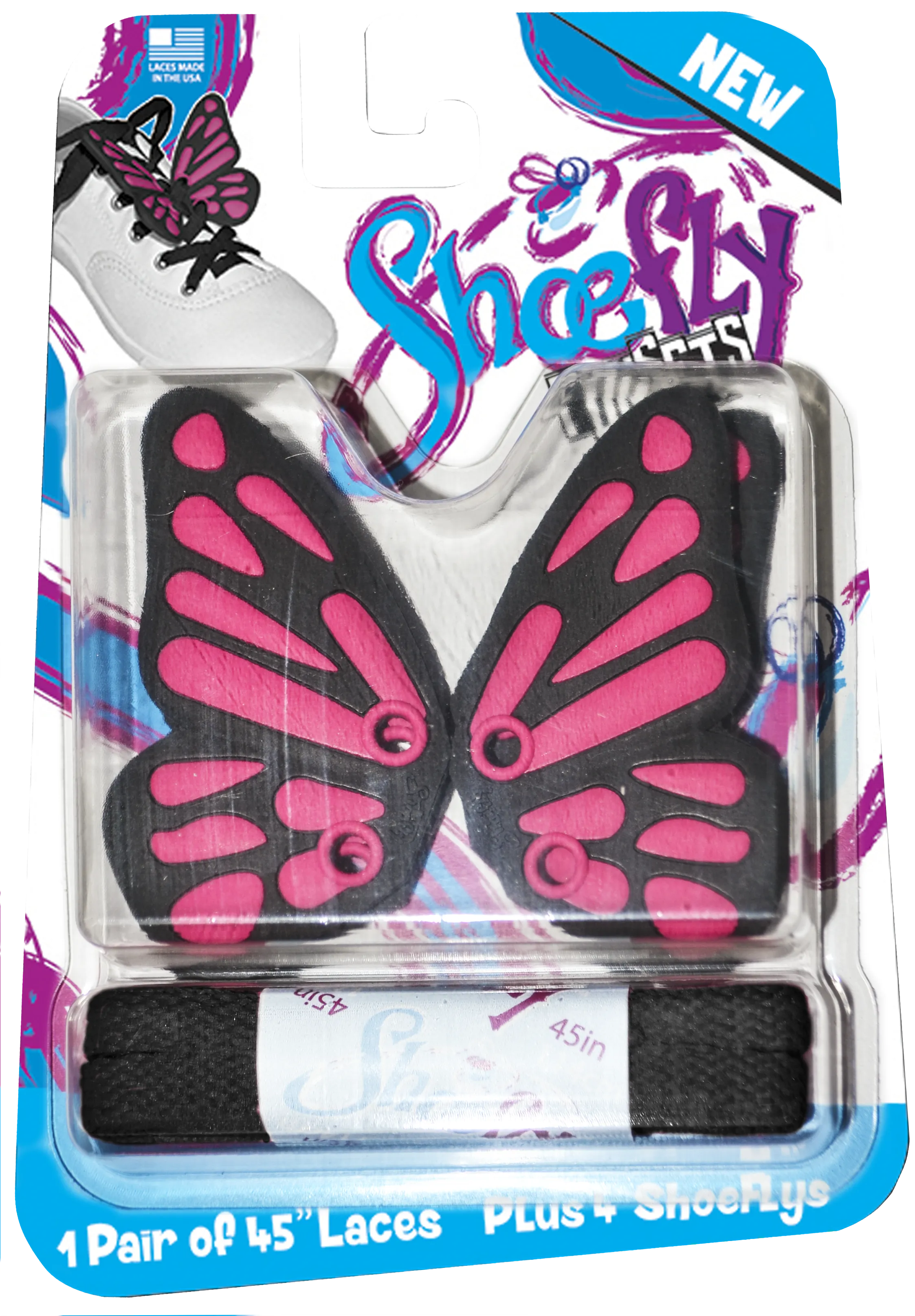 ShoeFlys ® Funsets™ | Butterflies Black & Hot Pink with Black Laces