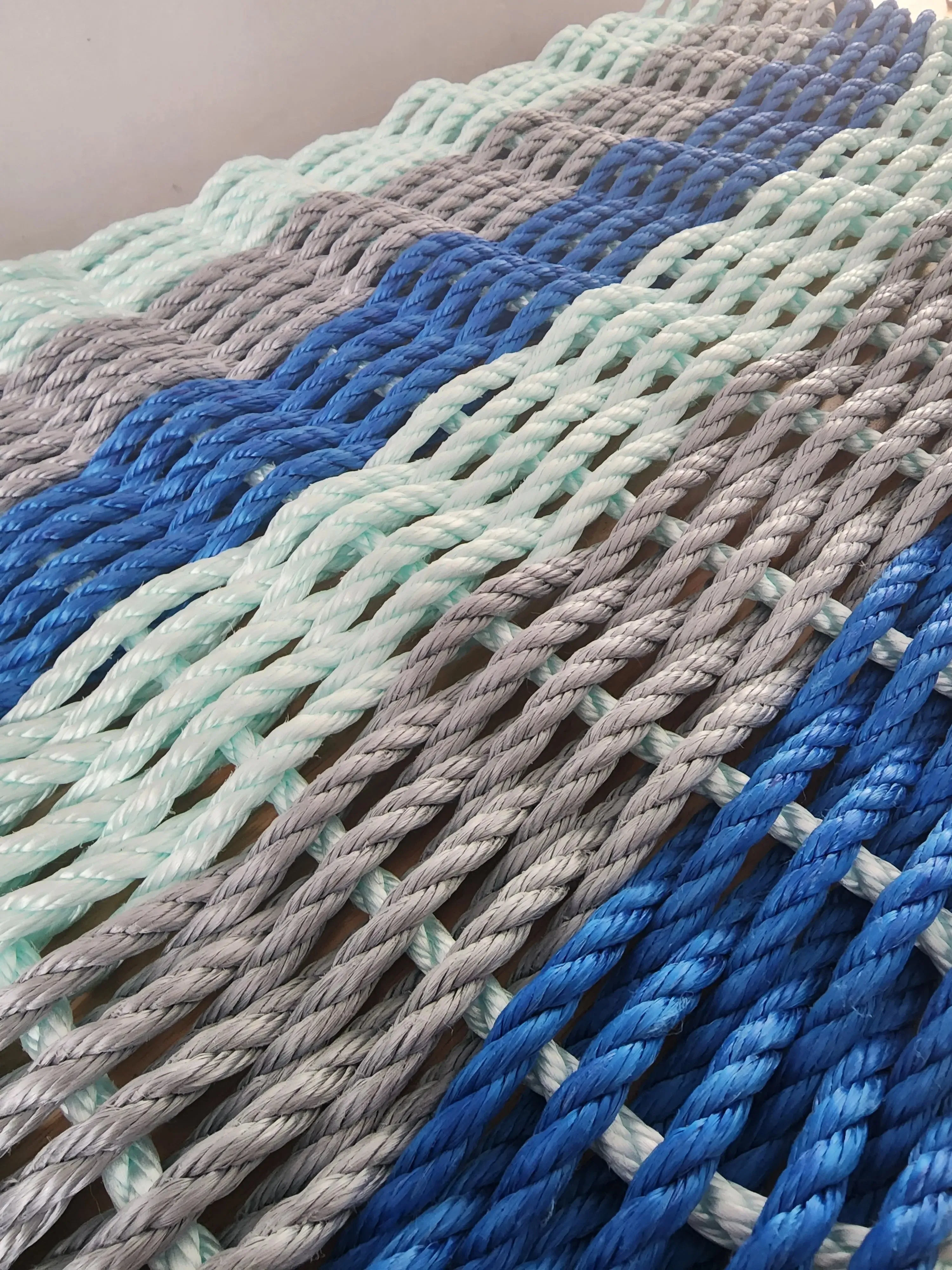 Six Stripe Rope Mat made with Lobster Rope Blue Gray and Seafoam