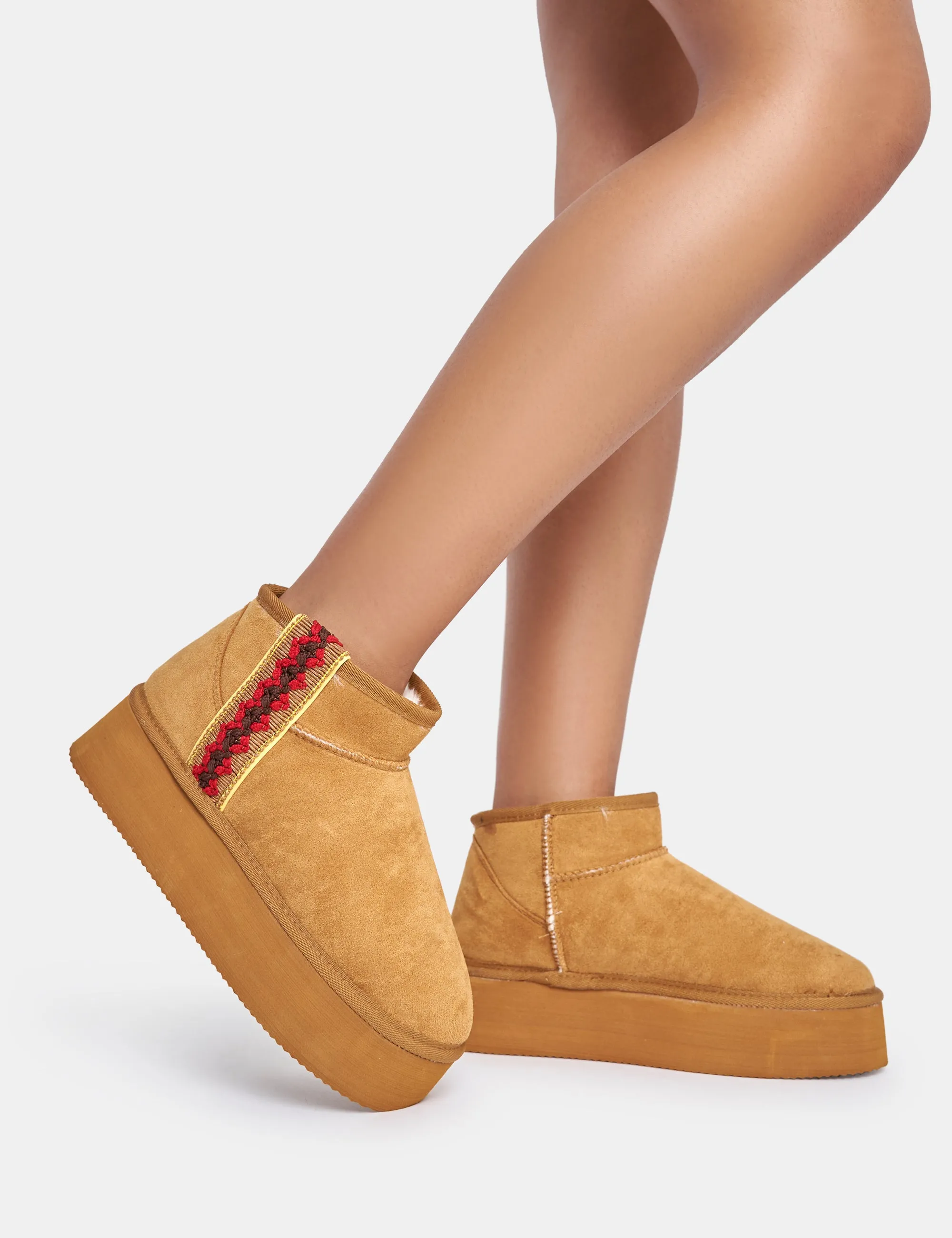 Snowfall Light Chestnut Faux Suede Ultra Mini Ankle Platform Boots