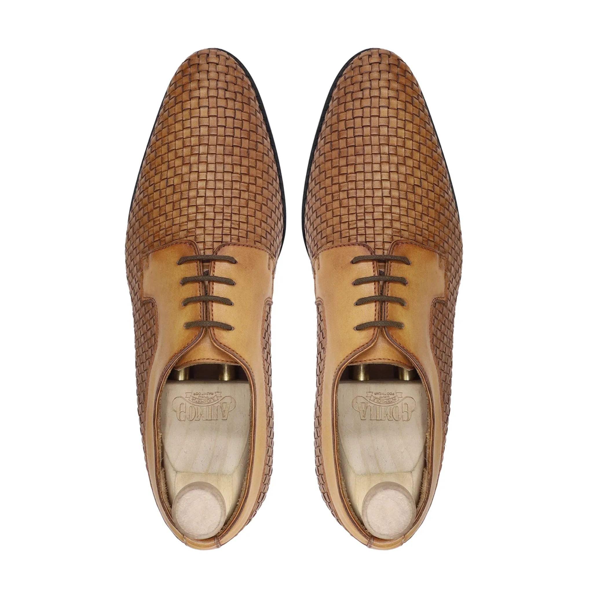 Svasto - Men's Tan Calf And Hand Woven Calf Leather Derby Shoe