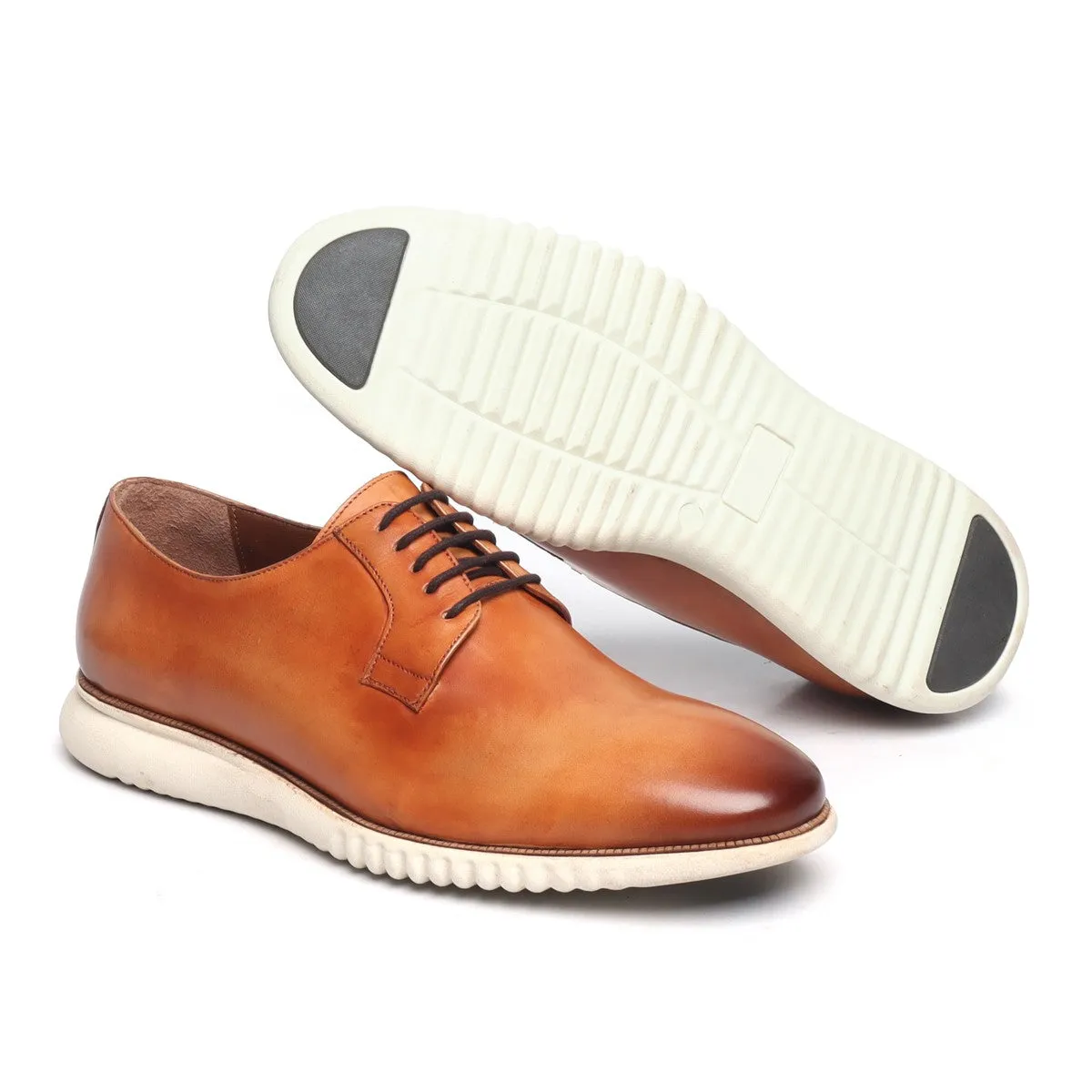 Tan Leather Formal Shoes in Genuine Leather with White Sole By Brune & Bareskin