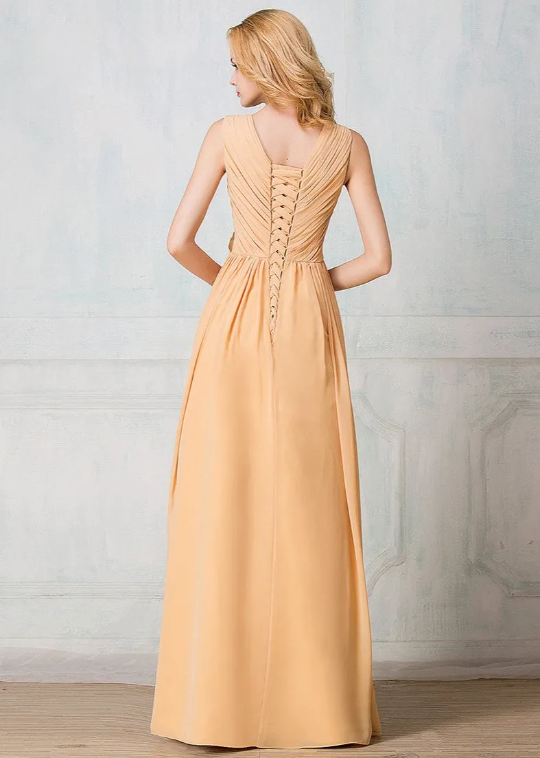 V-shape neckline full-length chiffon long prom dress