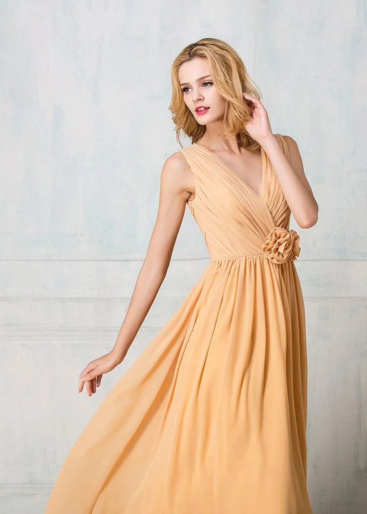 V-shape neckline full-length chiffon long prom dress