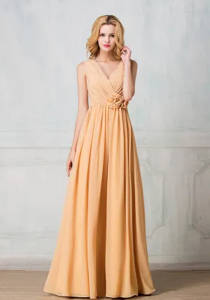 V-shape neckline full-length chiffon long prom dress