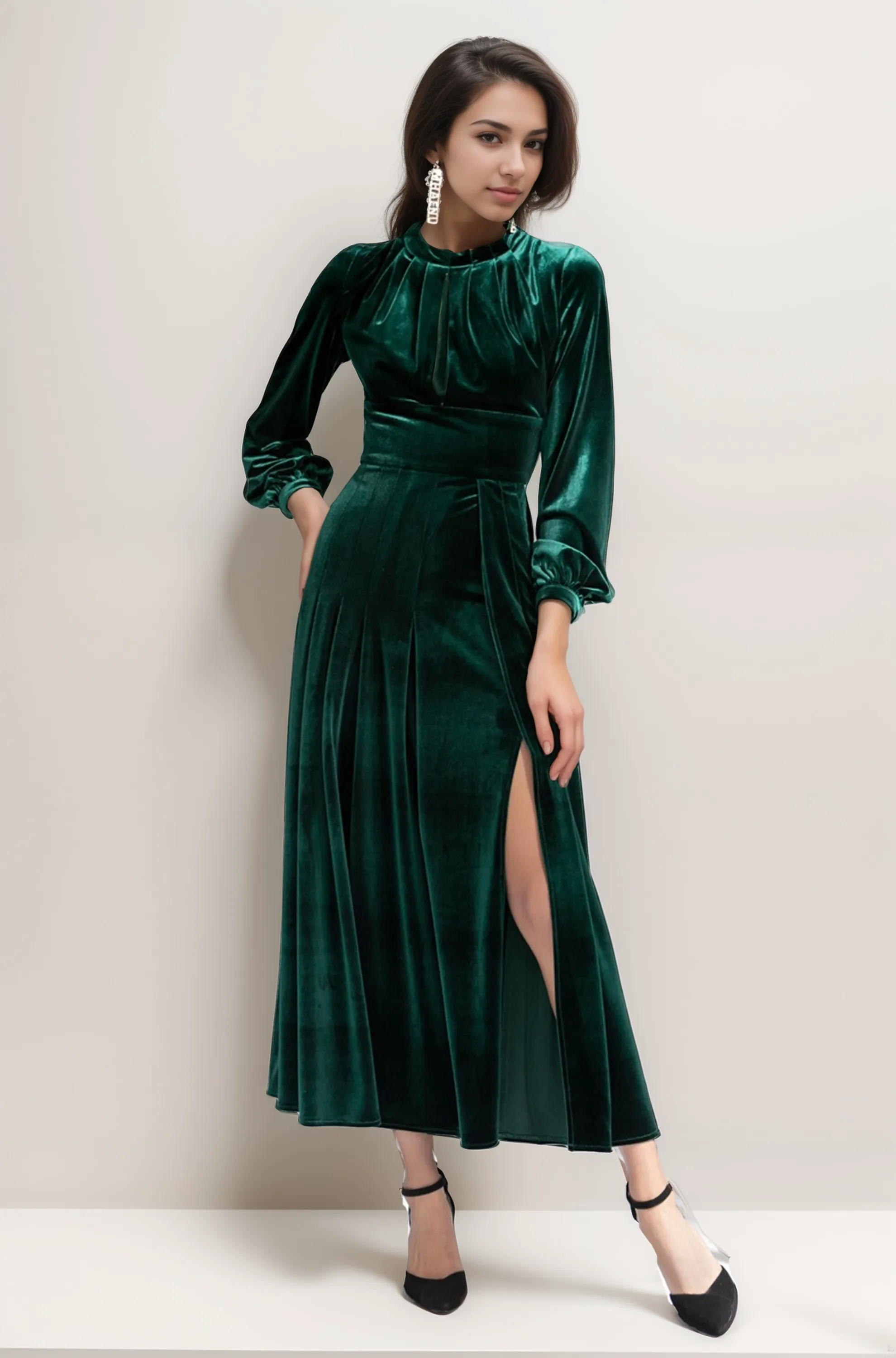 Vintage Velvet Dress with Long Sleeves, Ruched Bodice, and Thigh Slit