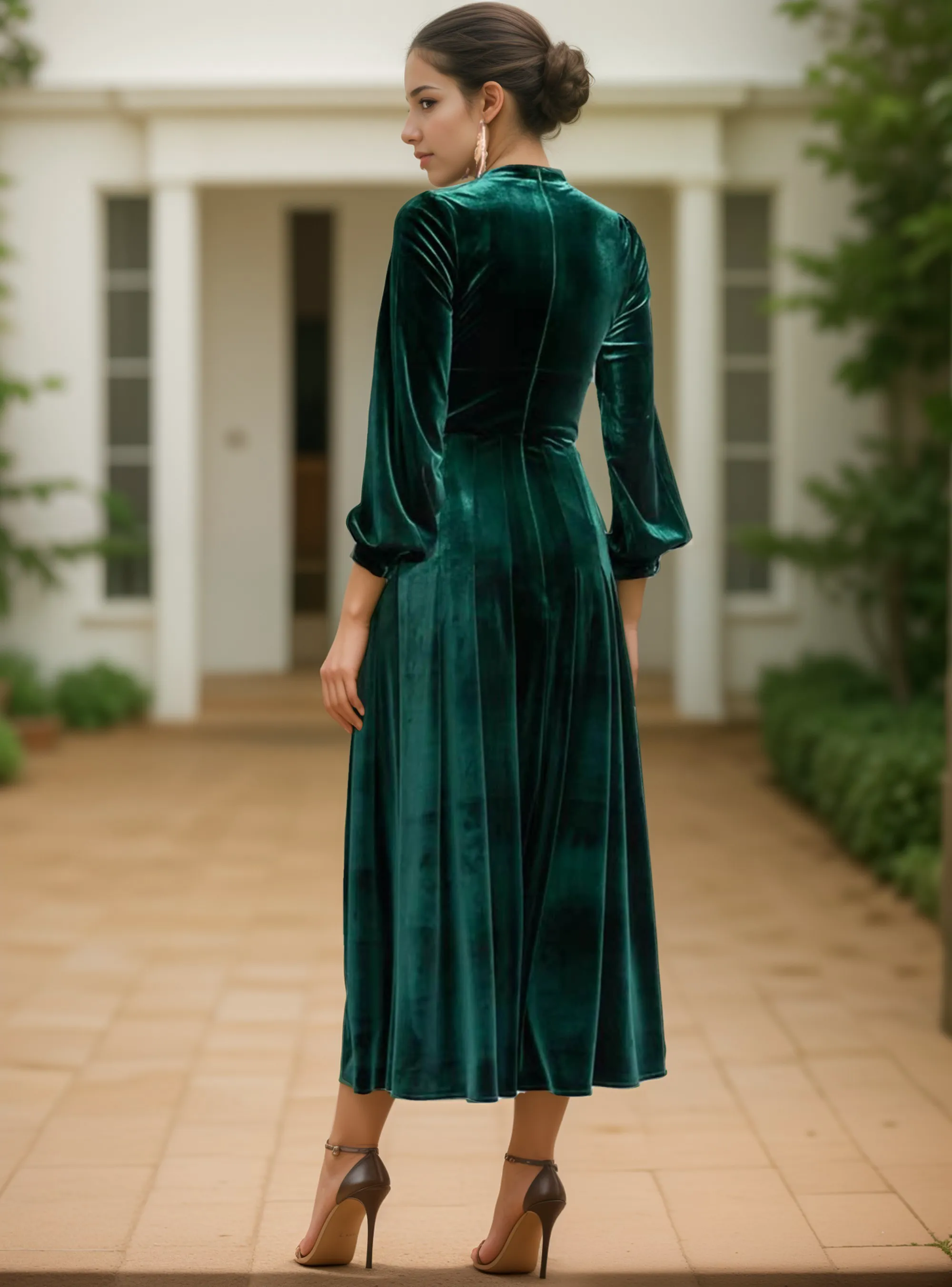 Vintage Velvet Dress with Long Sleeves, Ruched Bodice, and Thigh Slit