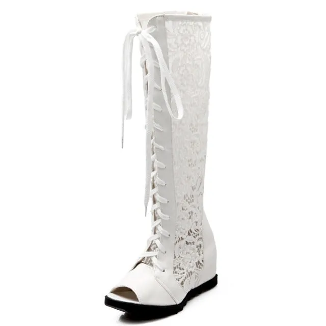 Wedge Heels Lace Upper Knee High Boots