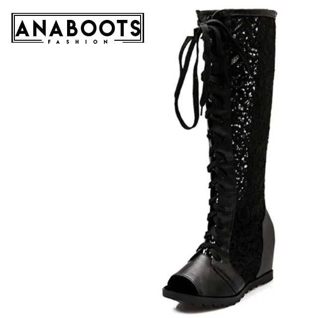 Wedge Heels Lace Upper Knee High Boots