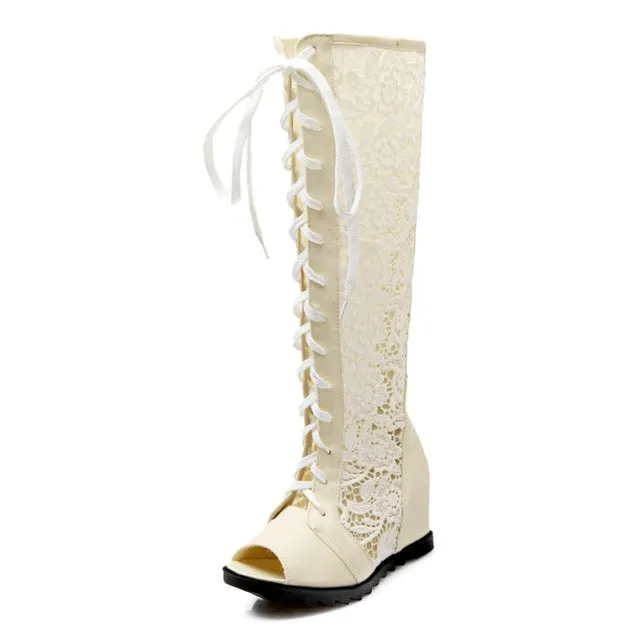 Wedge Heels Lace Upper Knee High Boots