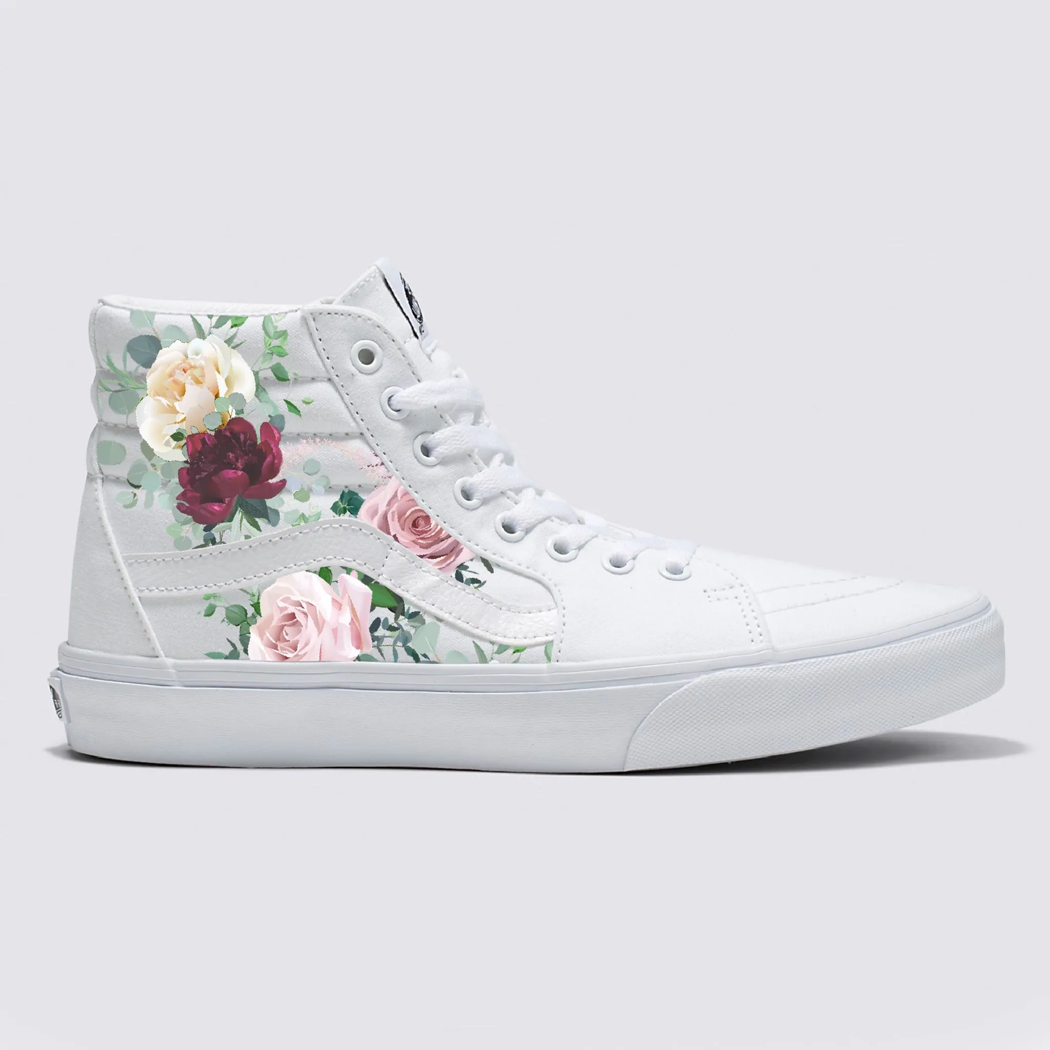 Whimsical Roses on White SK8-Hi Vans Shoes - Women's and Men's Custom Vans Sneakers