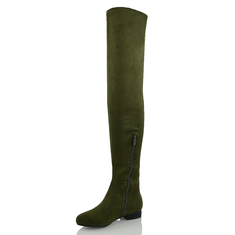 WILLOW FLAT RIDING FAUX SUEDE THIGH KNEE HIGH BOOTS IN GREEN