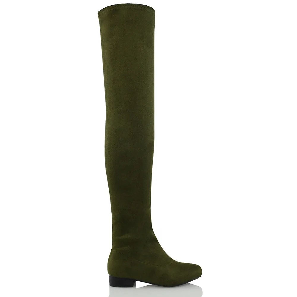 WILLOW FLAT RIDING FAUX SUEDE THIGH KNEE HIGH BOOTS IN GREEN