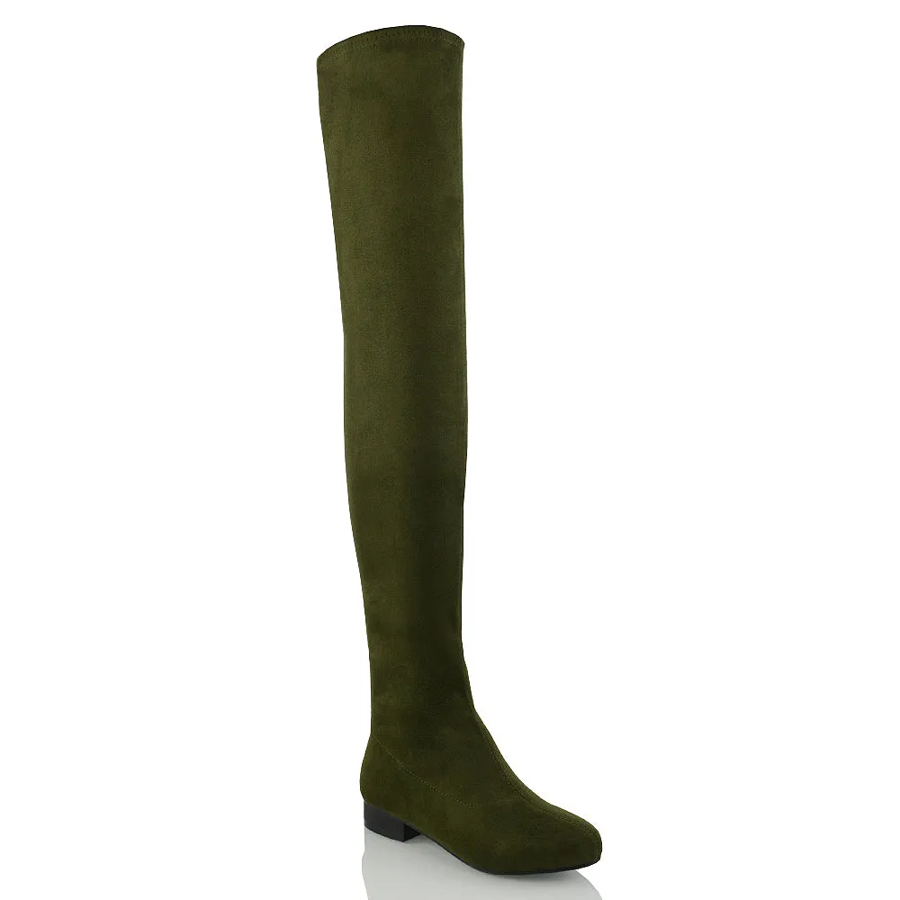 WILLOW FLAT RIDING FAUX SUEDE THIGH KNEE HIGH BOOTS IN GREEN