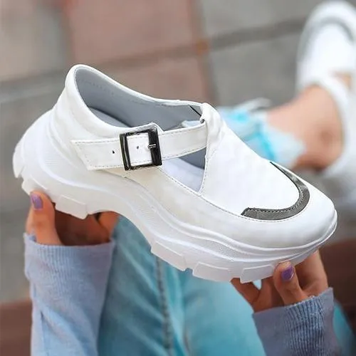 Women buckle strap hollow color block wedge sneakers