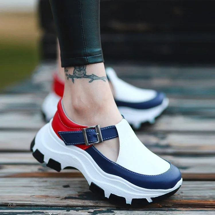 Women buckle strap hollow color block wedge sneakers