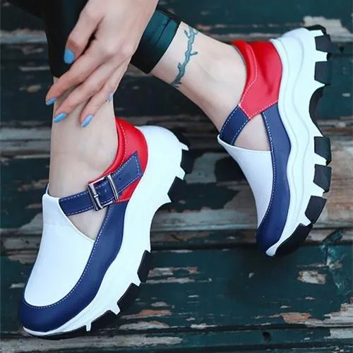 Women buckle strap hollow color block wedge sneakers