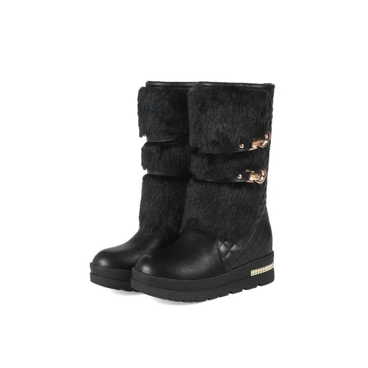 Women chunky platform buckle strap mid calf snow boots