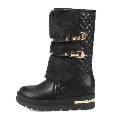 Women chunky platform buckle strap mid calf snow boots