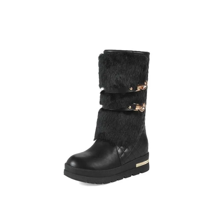 Women chunky platform buckle strap mid calf snow boots