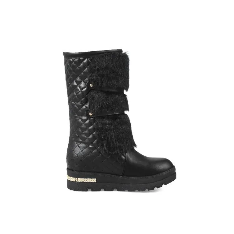 Women chunky platform buckle strap mid calf snow boots