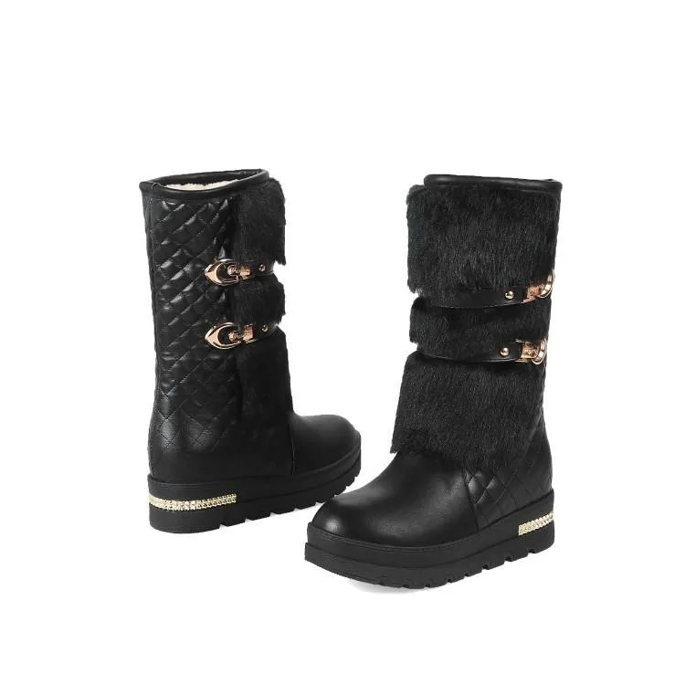 Women chunky platform buckle strap mid calf snow boots