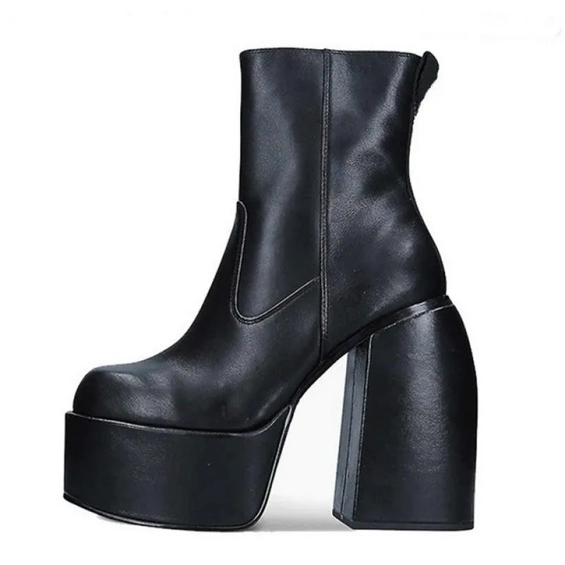 Women platform chunky high heel slip on short black boots