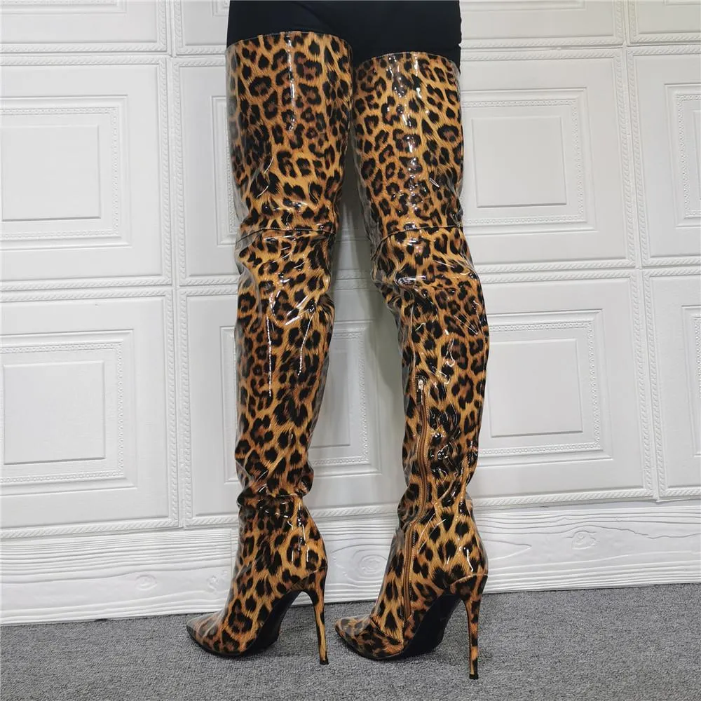 Women thigh stiletto high heel pointed toe leopard print boots