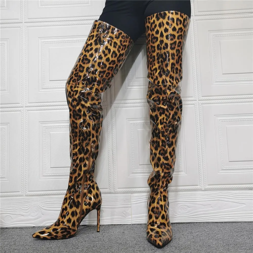 Women thigh stiletto high heel pointed toe leopard print boots