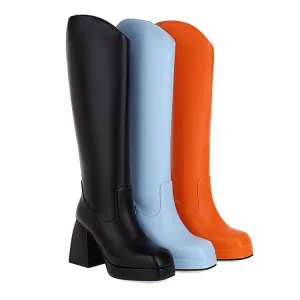 Women's Candy Color Stitching Block Heel Platform Knee High Boots