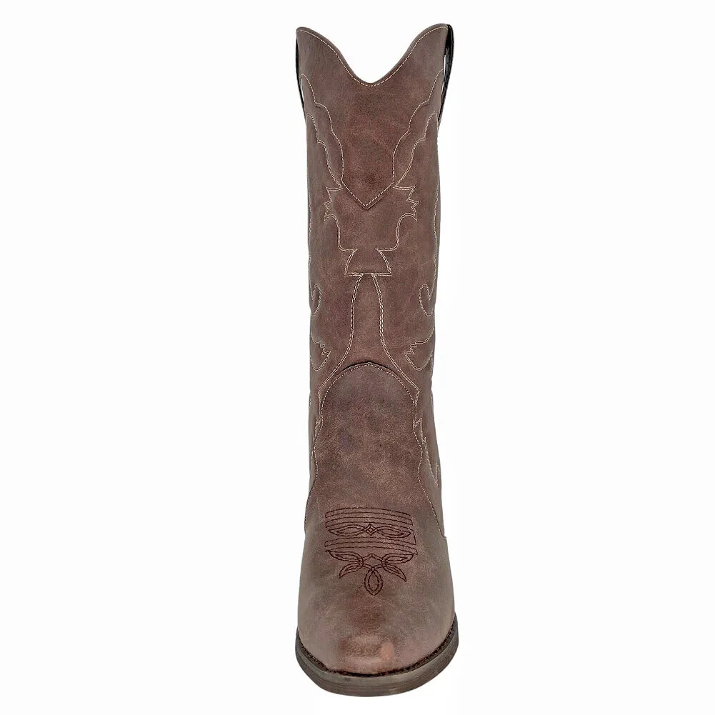 Womens Cowgirl Cowboy Boots Wide Calf Snip Toe Brown