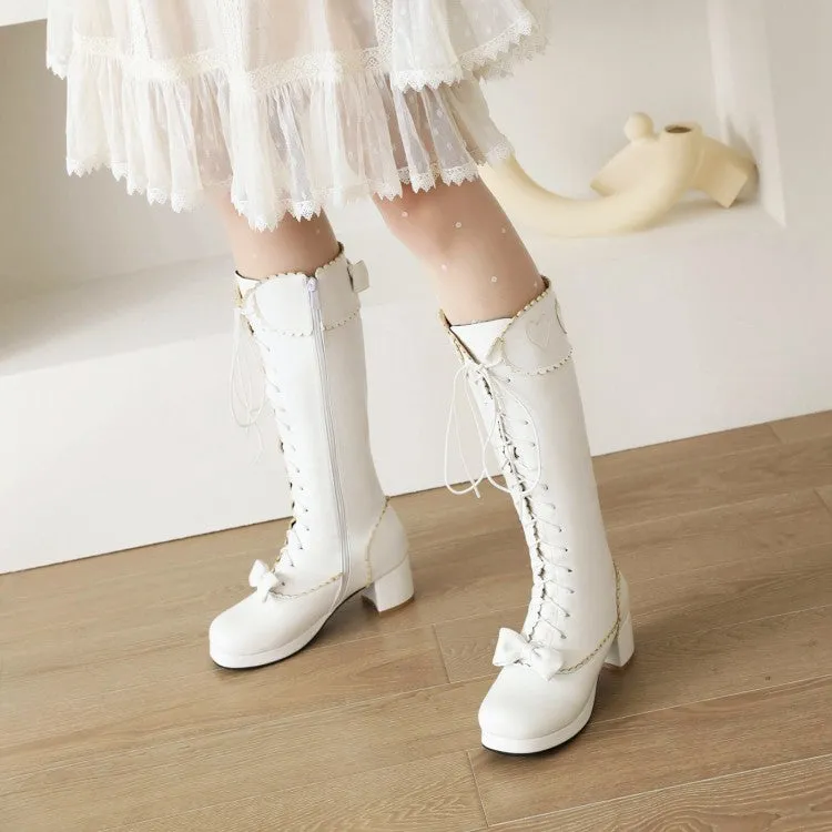 Womens' Lace Up Bowtie High Heels Knee High Boots