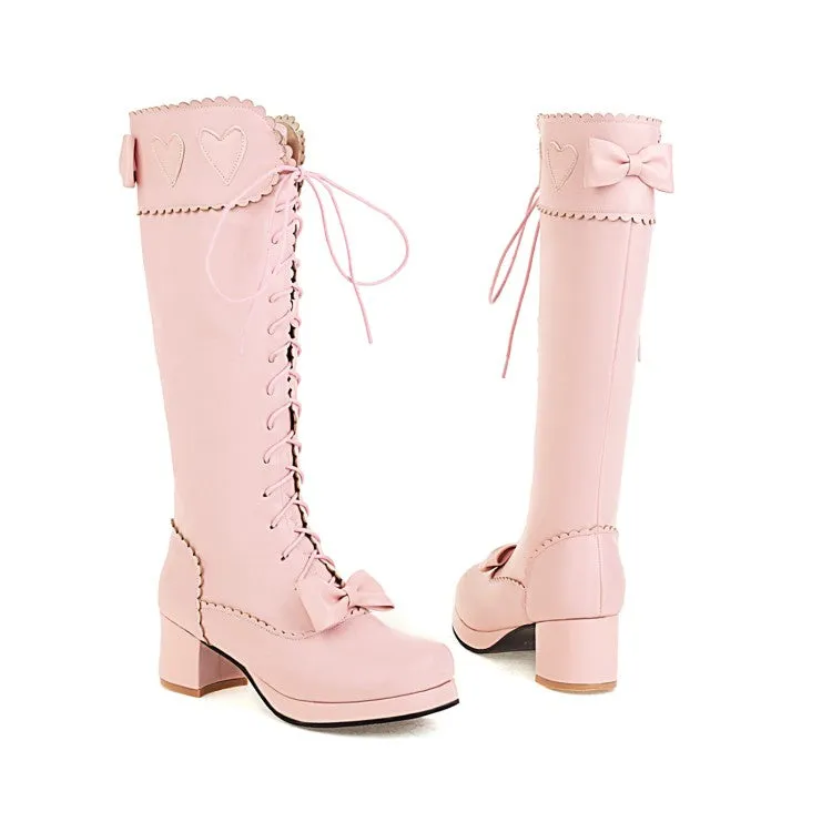 Womens' Lace Up Bowtie High Heels Knee High Boots