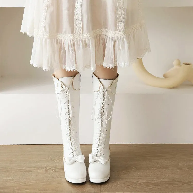 Womens' Lace Up Bowtie High Heels Knee High Boots