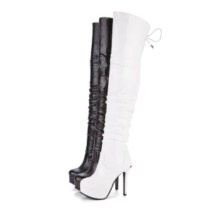 Women's Pu Leather Pleated Stiletto Heel Platform Over the Knee Boots