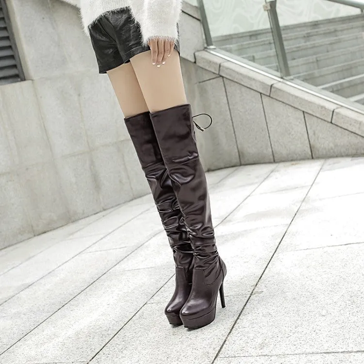 Women's Pu Leather Pleated Stiletto Heel Platform Over the Knee Boots