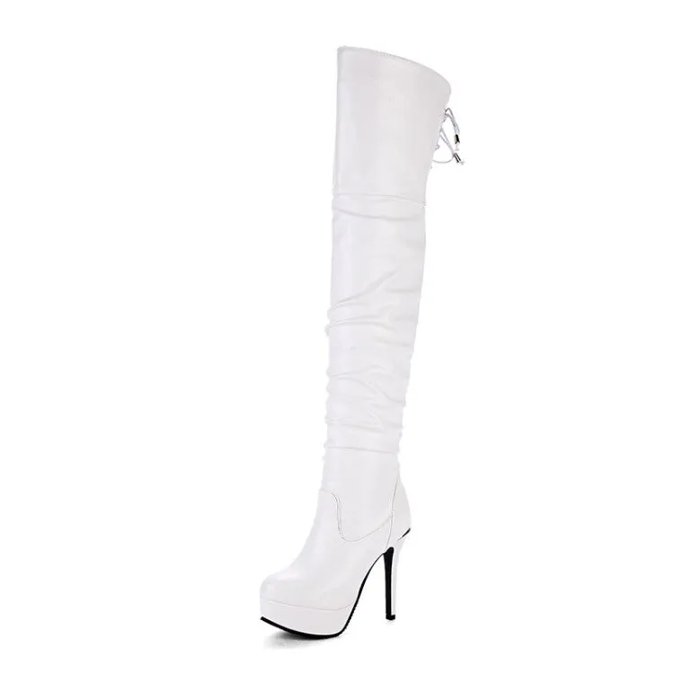 Women's Pu Leather Pleated Stiletto Heel Platform Over the Knee Boots