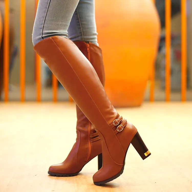 Women's Pu Leather Round Toe Belts Buckles Chunky Heel Knee High Boots